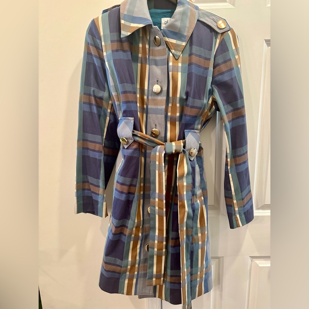 Cabi Women's Blue and Brown Cotton Plaid Highclere Classic Trench Coat Sz M